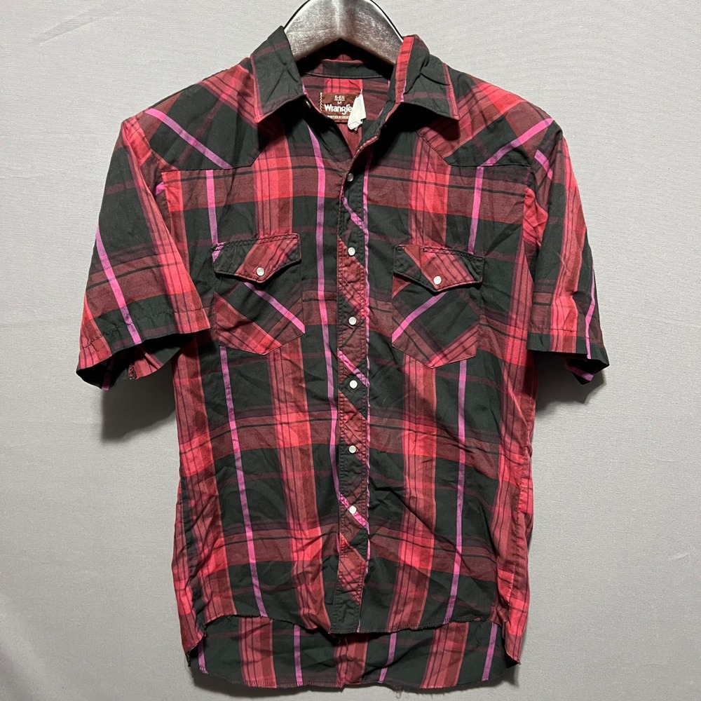 Wrangler Mens Western Pearl Snap Shirt Red Black‎ Purple Plaid Short Sleeve M